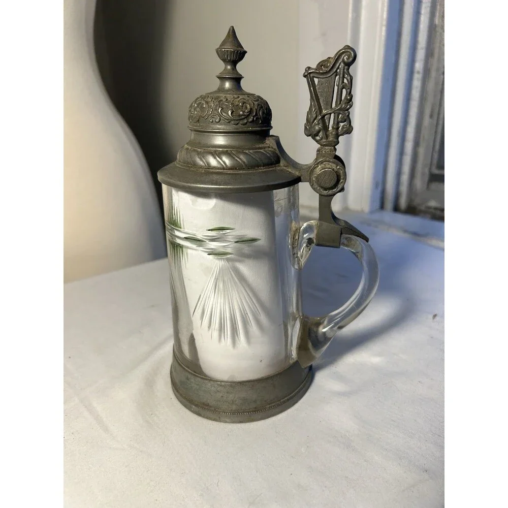 Vintage Antique German Cut Overlay Green Crystal Glass Beer Stein Lidded Pewter